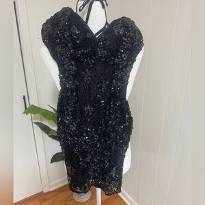 Black Sequin Lace Mini Dress with Halter Detail